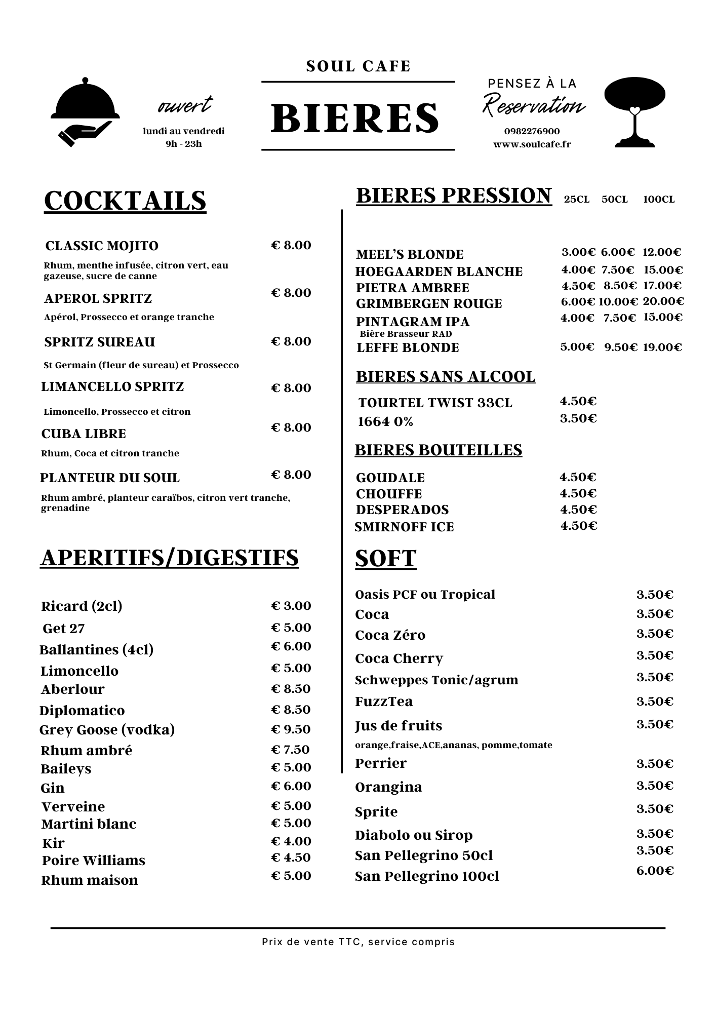 Carte des bières et des cocktails Soul Café
