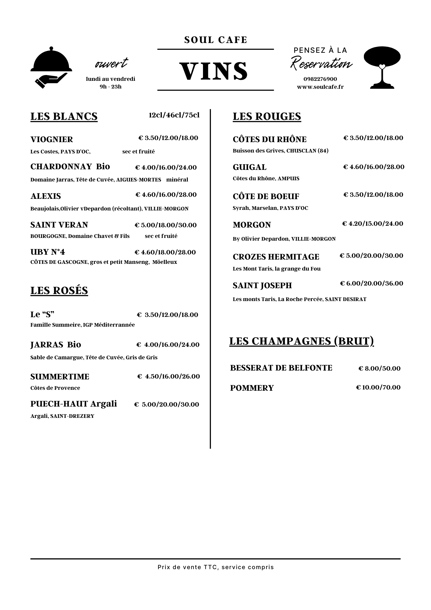 Carte des vins Soul Café