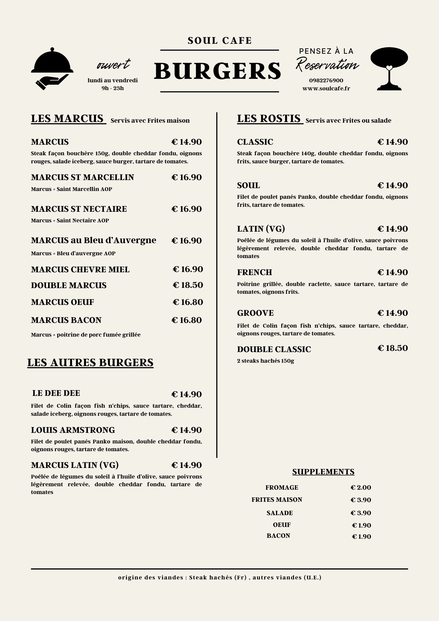 Carte des burgers et des rostis Soul Café