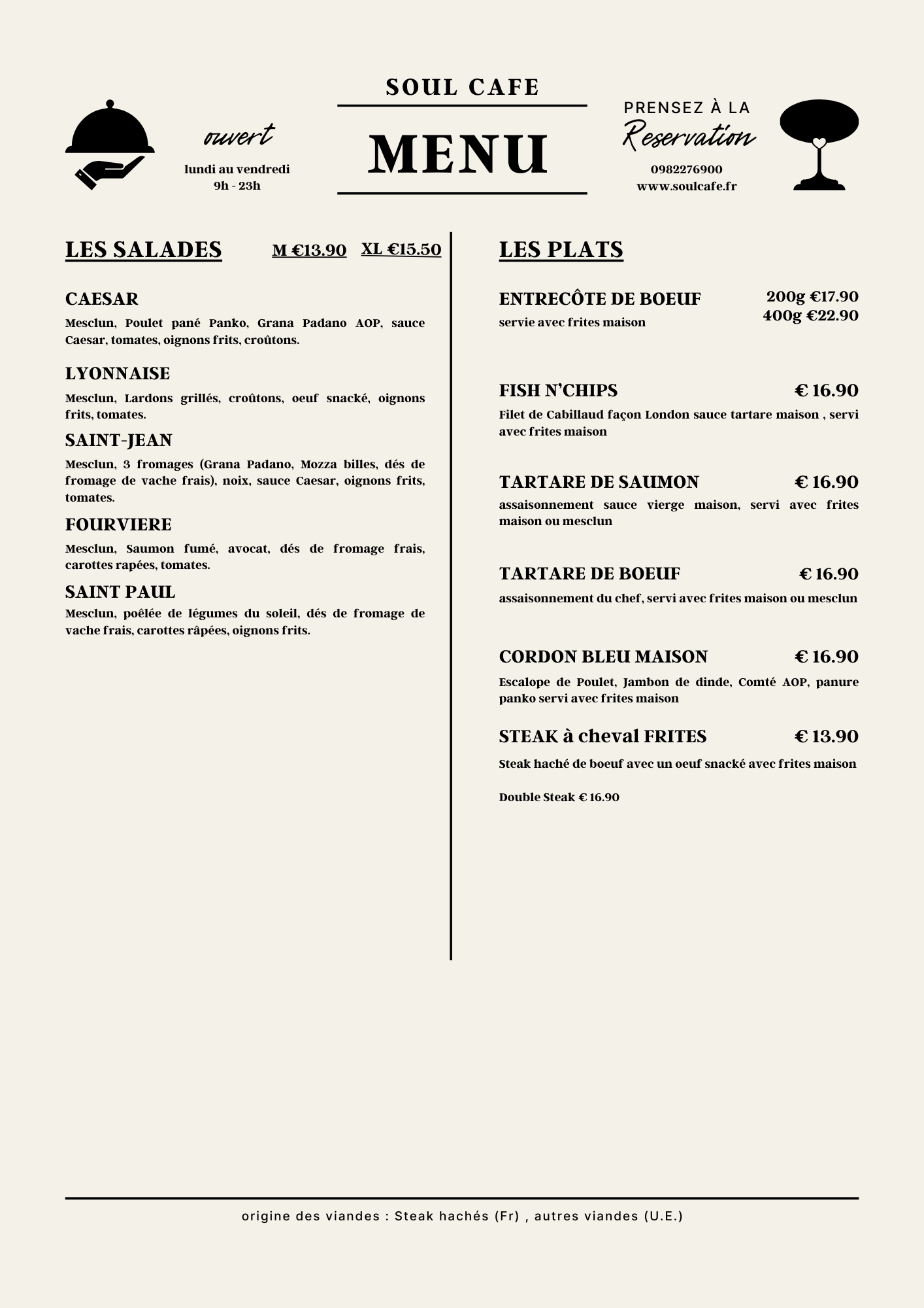 Carte des salades et des plats du jour Soul Café